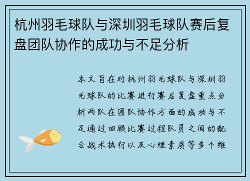 杭州羽毛球队与深圳羽毛球队赛后复盘团队协作的成功与不足分析
