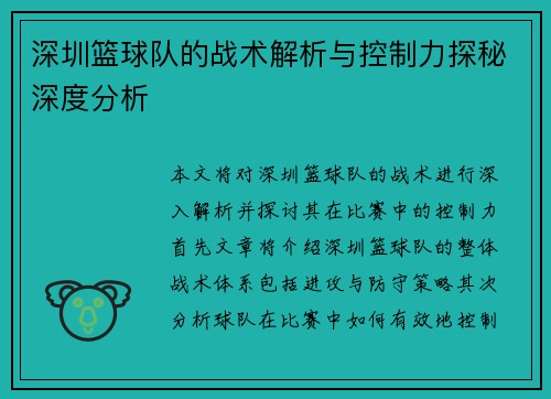 深圳篮球队的战术解析与控制力探秘深度分析