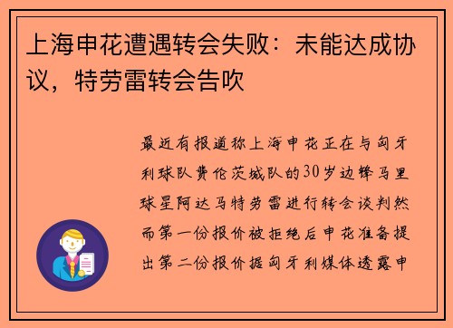 上海申花遭遇转会失败：未能达成协议，特劳雷转会告吹